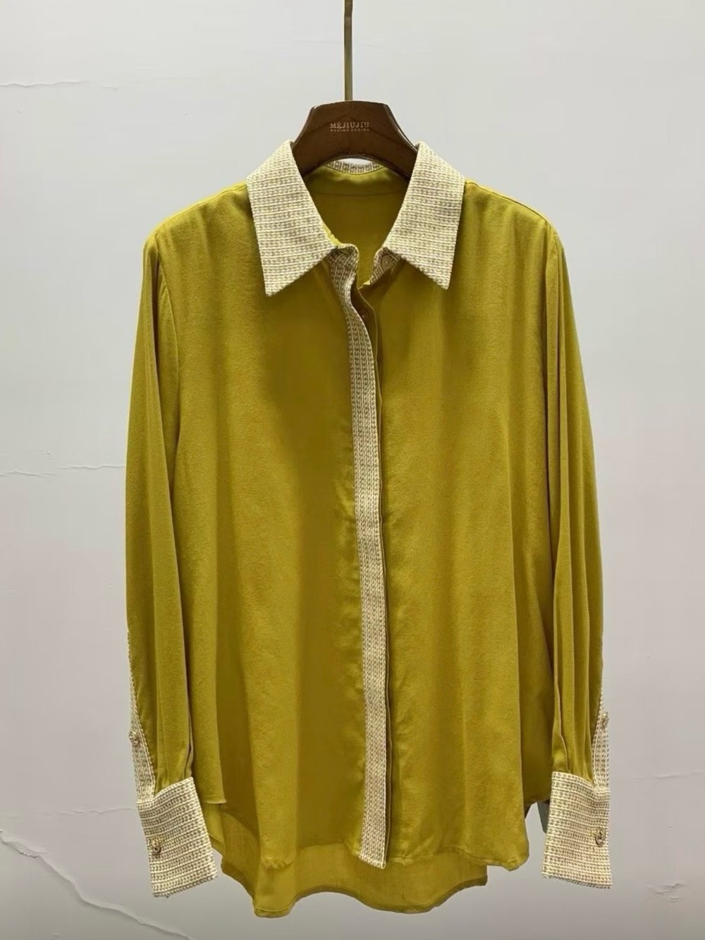 Wool Blend Mustard Olive Contrast Collar Blouse Size L